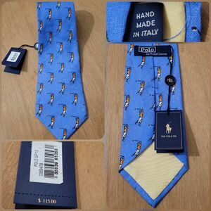 POLO RALPH LAUREN NWT 100% Linen Blue Silk Tie with Golfer Player All Over Print